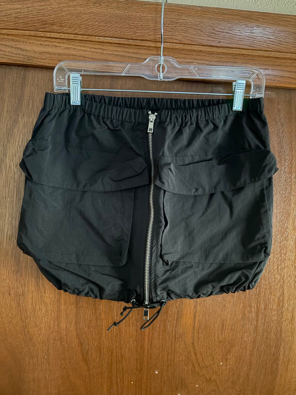 Steve Madden Vesper Mini Skirt Black Zip Front Utility Bubble Hem Size S